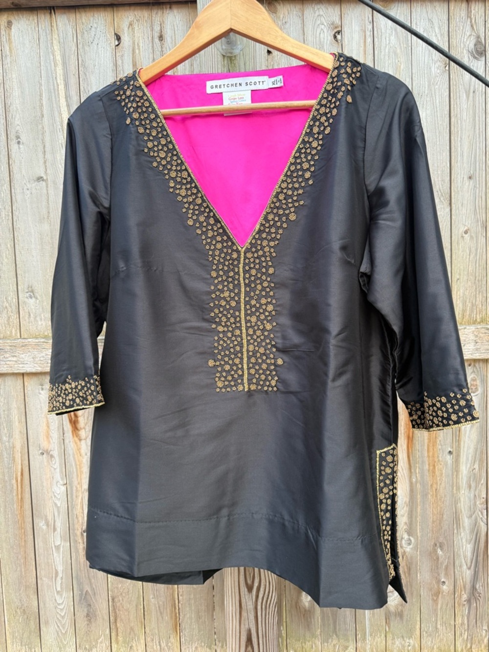 NWOT Gretchen Scott Hand Beaded Black Satin Tunic